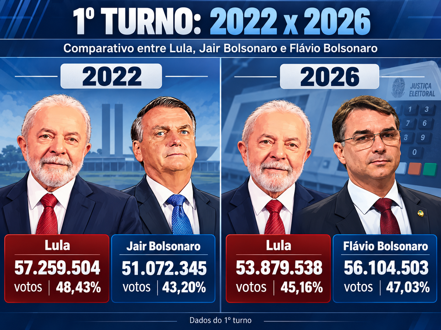 ELEIÇÕES PRESIDENCIAIS: VEJA OS NÚMEROS DO PRIMEIRO TURNO DE 2022 E 2026
